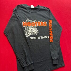 Hooters South Tampa Long Sleeve Shirt Mens Small Black Graphic Tee Slogan Owl